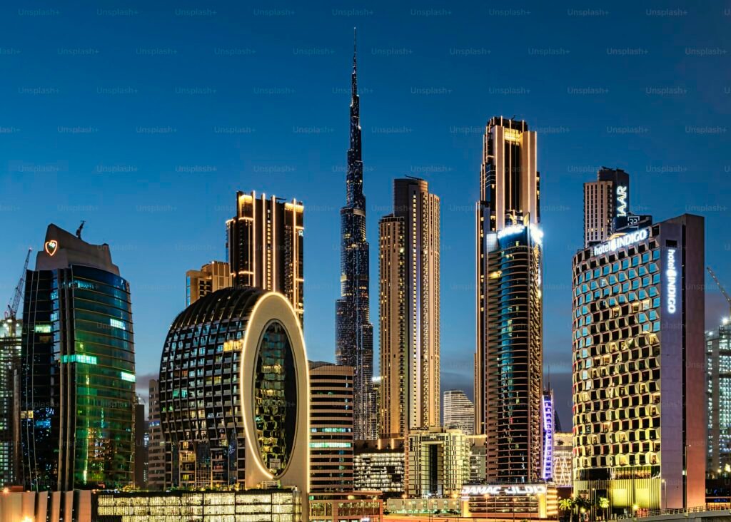 Business skyline of Dubai with DIFC and Downtown company setup environment