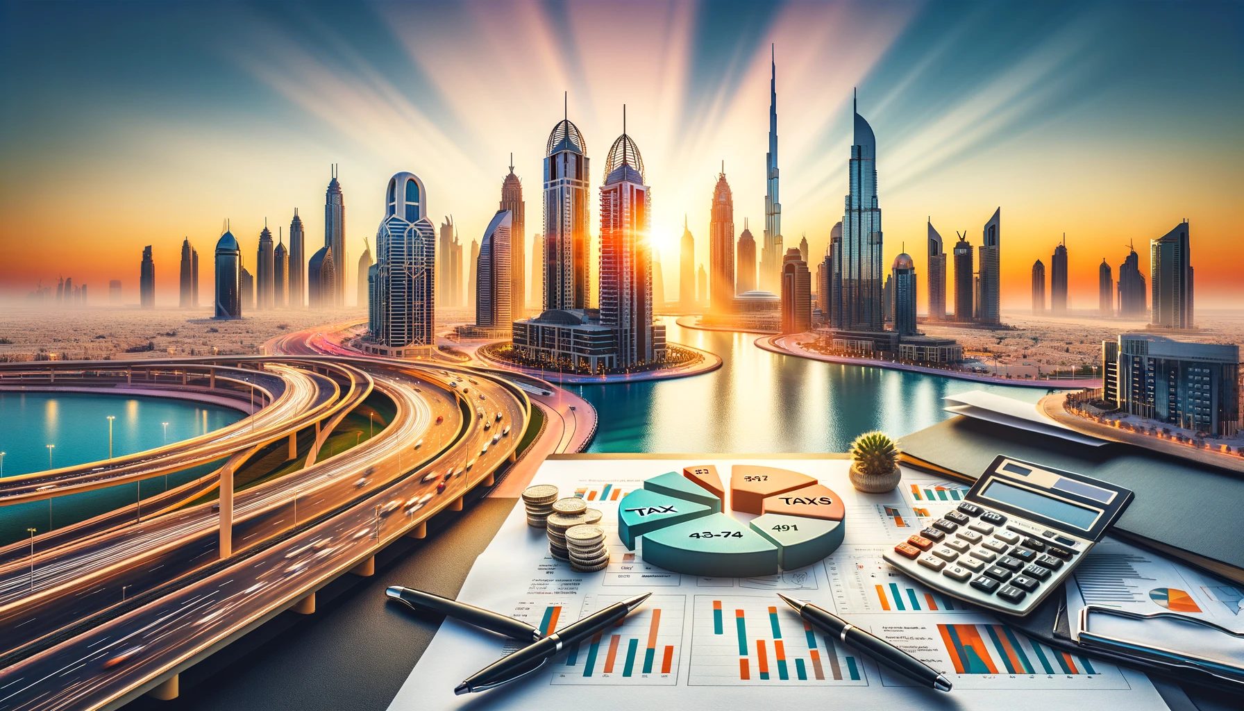 UAE corporate tax concept with Dubai skyline and finance icon