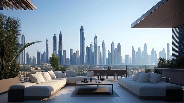 Modern apartment building in Dubai with skyline view