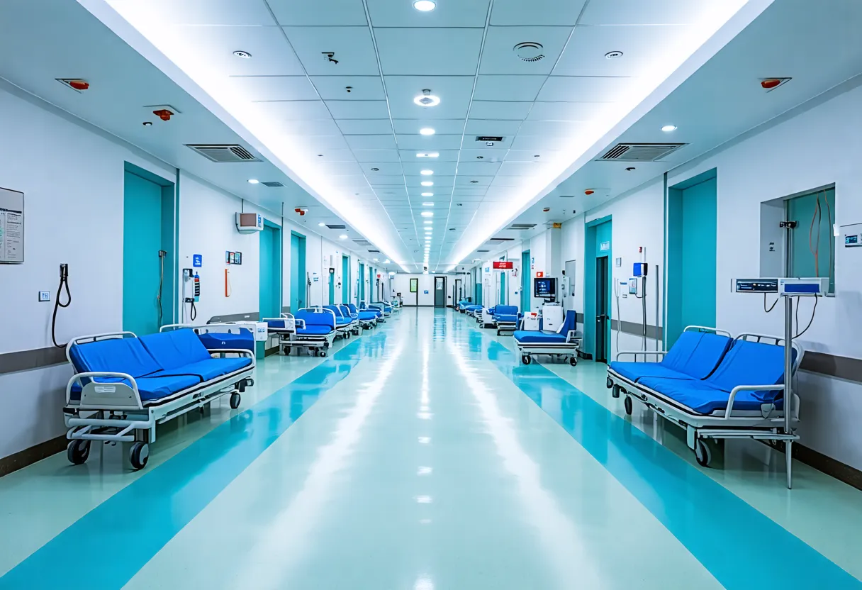 Modern hospital corridor in Dubai with medical staff